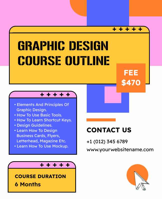 Vibrant flyer template promoting graphic design education courses with engaging visuals