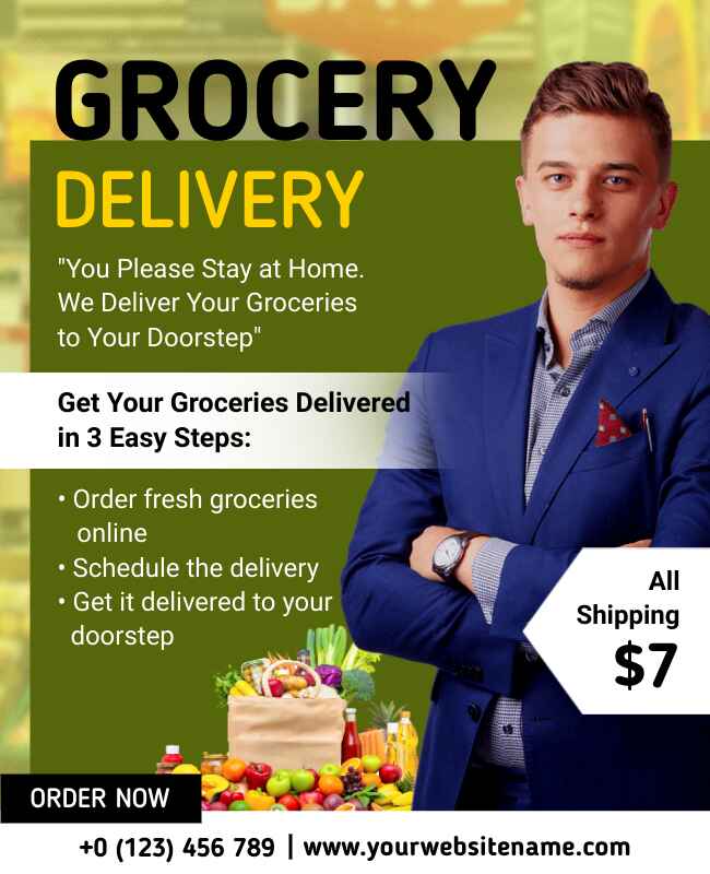 Informative grocery delivery flyer template with a fresh green design and details on delivery services.