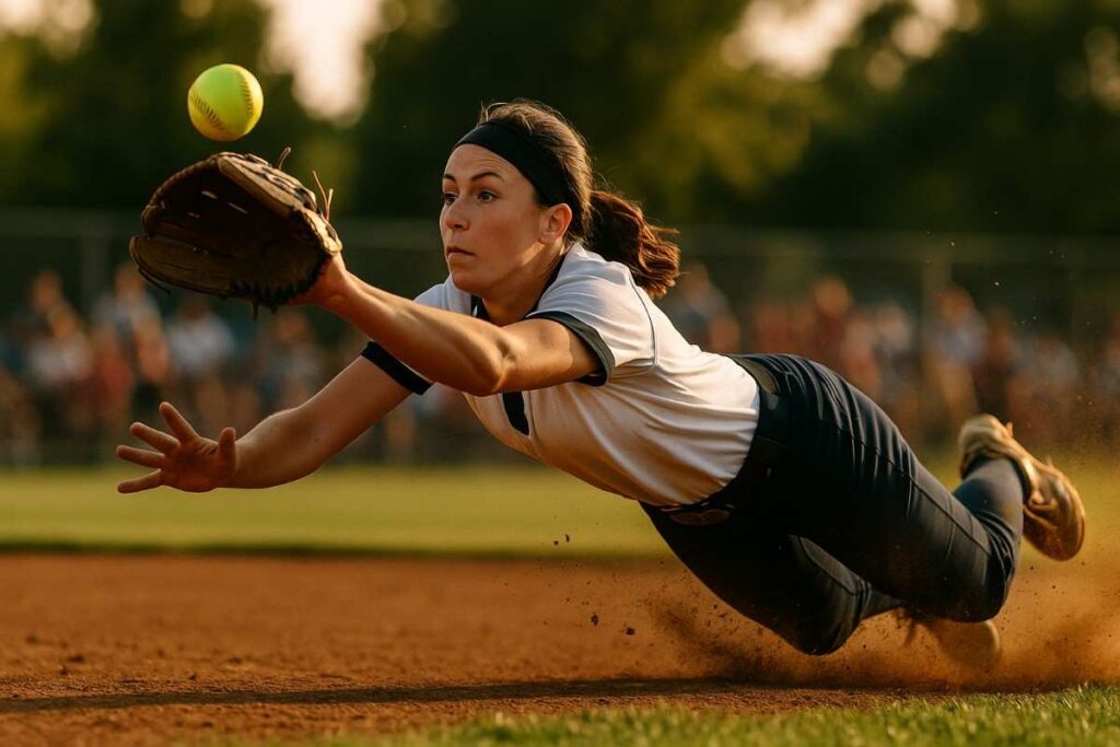 A female softball player dives for a catch, highlighting her athleticism and determination