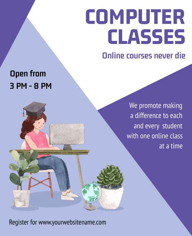 Infographic flyer presenting computer class details visually.