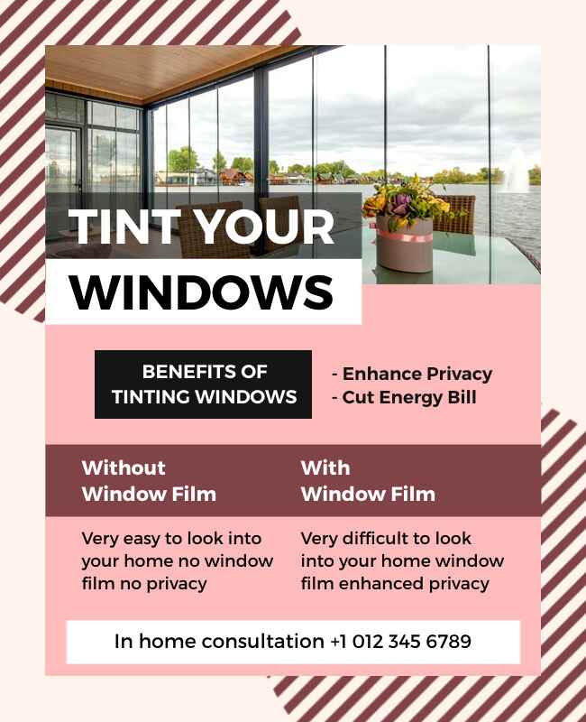 Detailed window tinting flyer with essential information about services, benefits, and pricing in a clear layout.