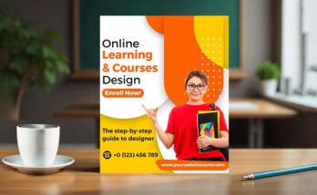 Illustrated flyer design showcasing vibrant colors, education-themed icons, and bold text promoting a course. The flyer is set against a modern backdrop with creative element