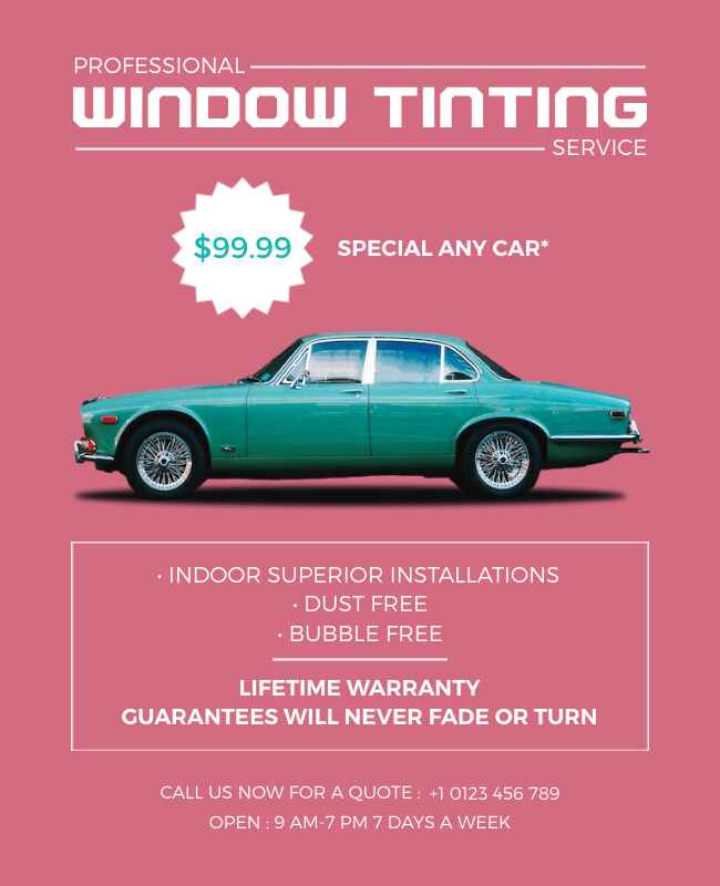 Simple and minimalist flyer design for window tinting services, featuring clean lines and modern typography.