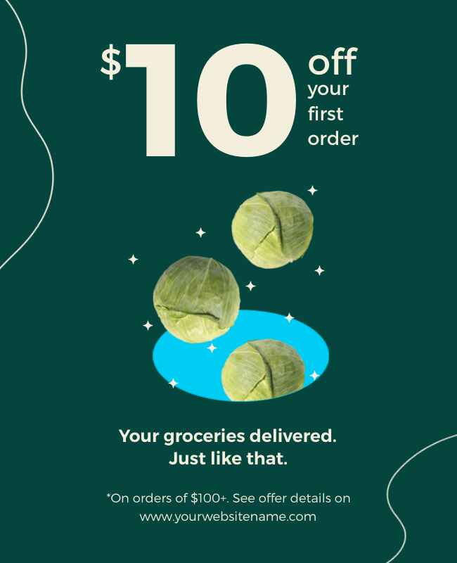 Modern grocery delivery advertising flyer template designed with clean lines and enticing product images.