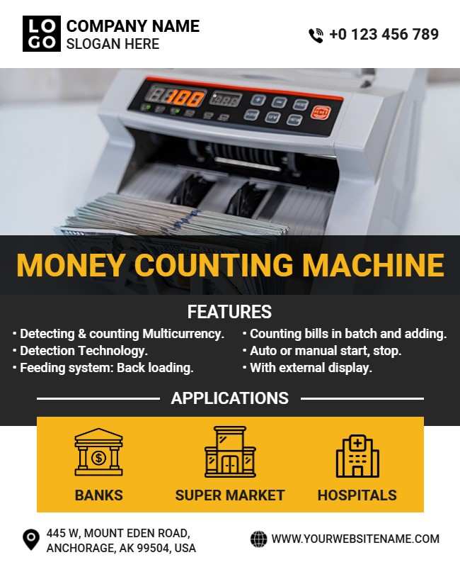 Flyer showcasing a money counting machine with key features and benefits