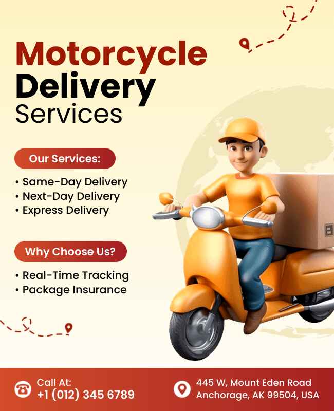 Motorcycle delivery services flyer template with bold text highlighting quick and efficient delivery options.