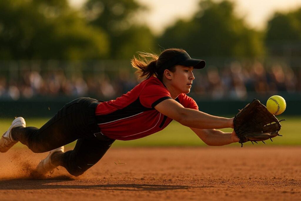 A female softball player dives to catch a ball, showing athleticism and determination