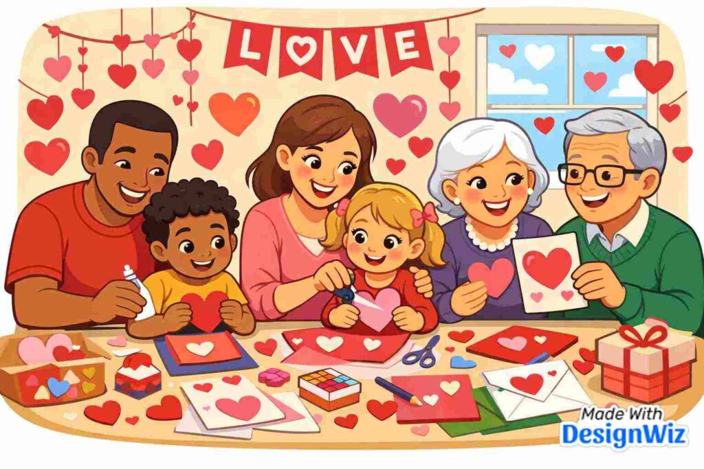 Parents with children making crafts together valentines day image