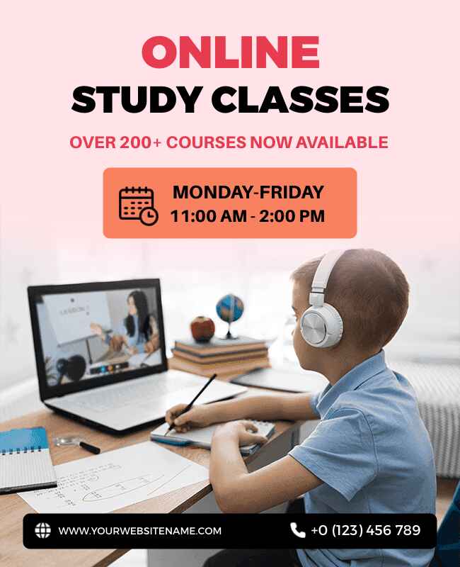 A sleek pink minimalistic flyer template promoting online classes with clean and modern design elements.