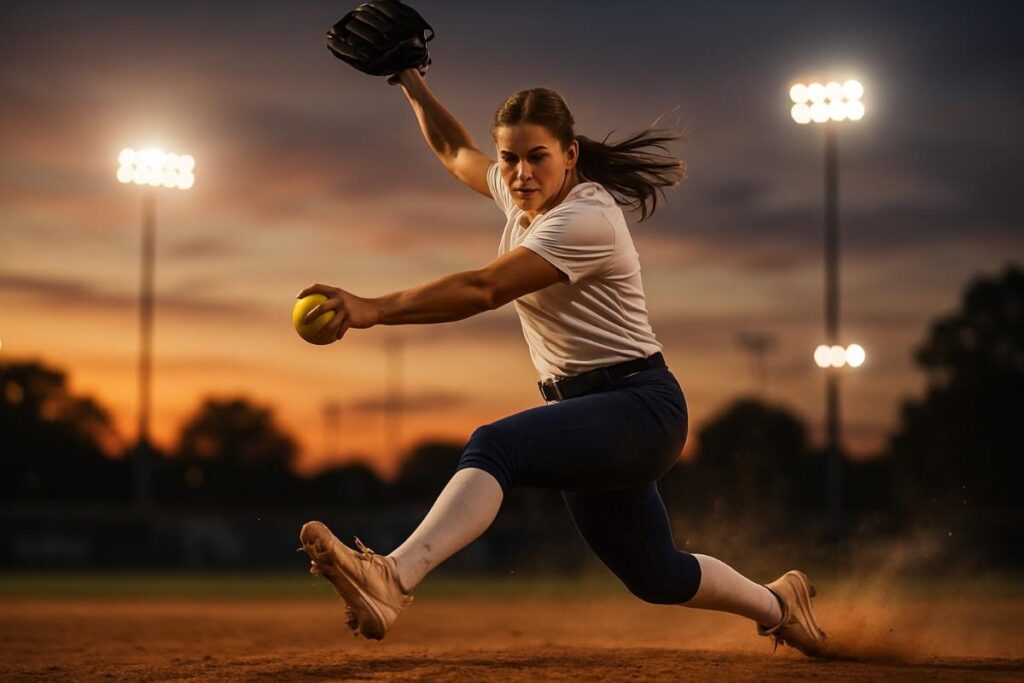 A female softball player throws with focus and determination on a sunny field