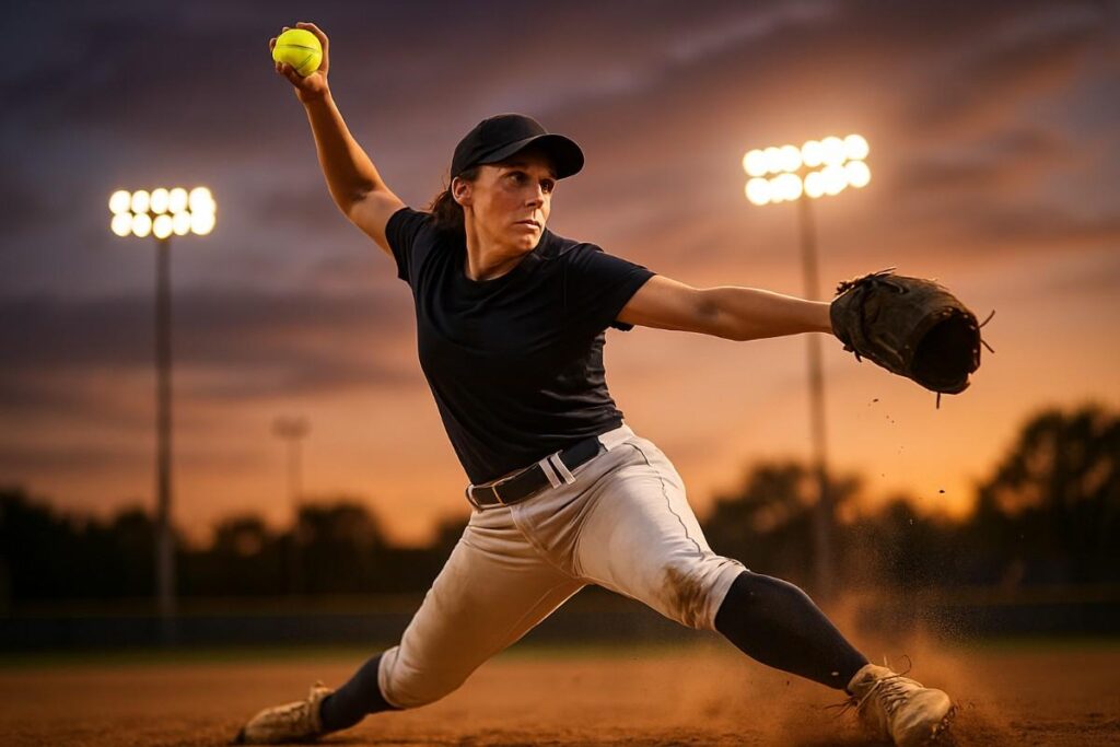 A female softball pitcher mid-throw, focused on the batter