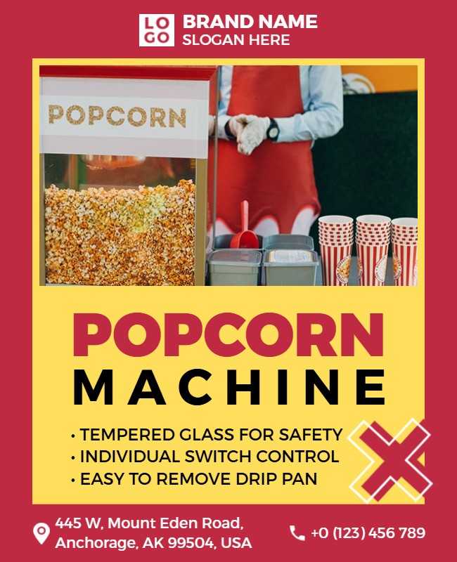 Popcorn machine flyer with product features and promotional details