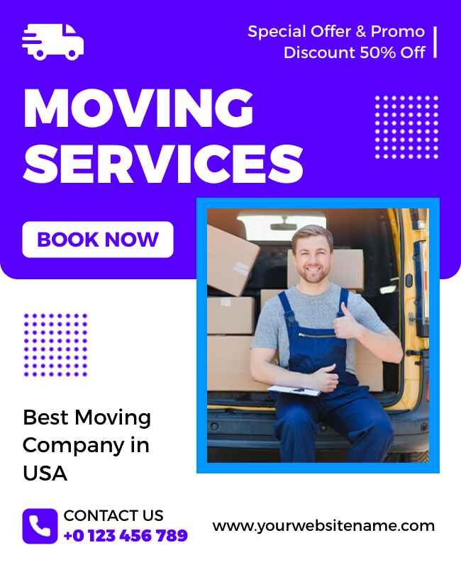 Minimalist purple-themed flyer template for moving services, ideal for a clean and professional advertisement.