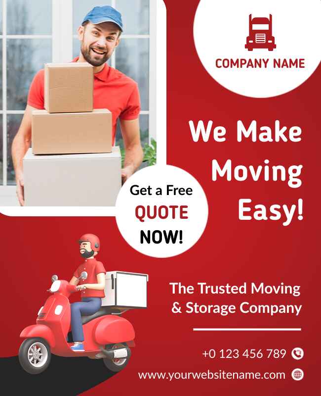 Creative red flyer template for moving services, featuring space for details about relocation and business branding.