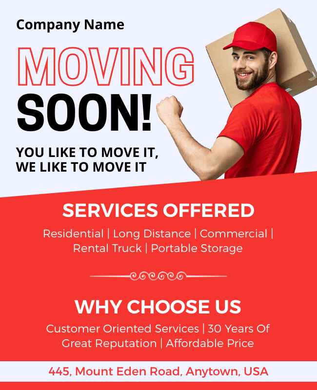 Red-themed moving flyer template with bold text announcing 'Moving Soon' and business contact information.