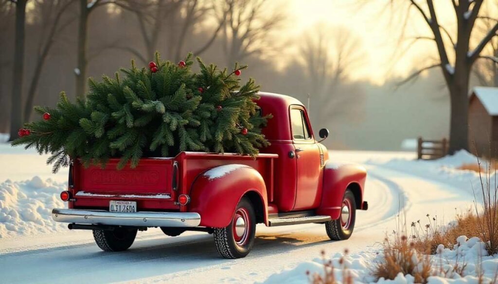 Red Truck with Christmas Tree