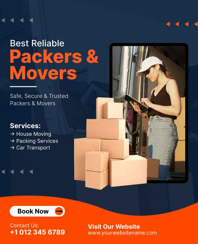 Professional flyer template for packers and movers services, showcasing reliability with icons and detailed contact sections.