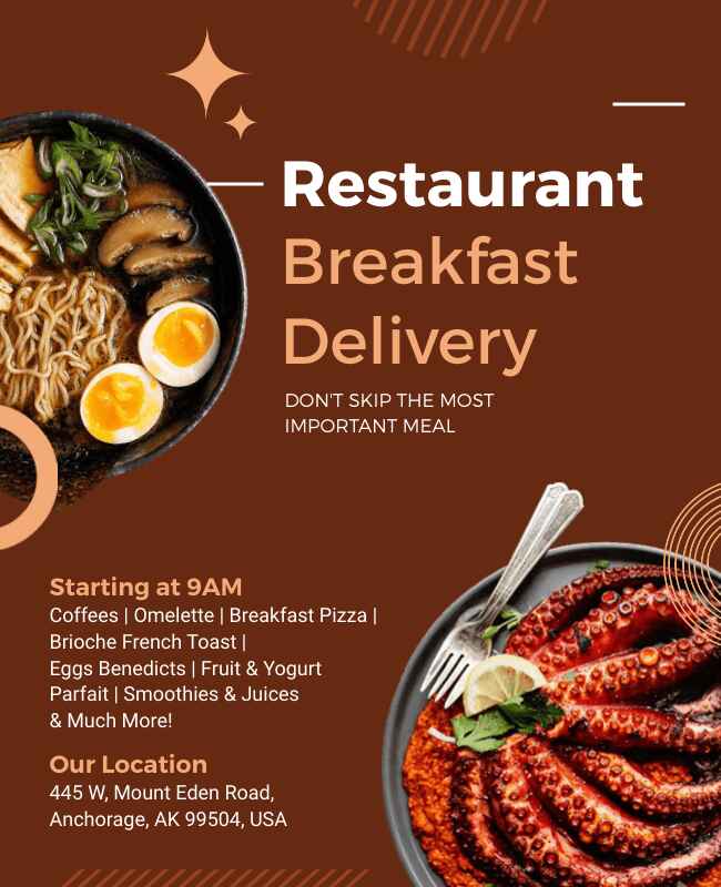 Delicious restaurant breakfast delivery flyer template featuring mouth-watering breakfast options.