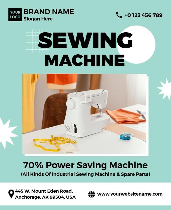 Sewing machine flyer showcasing product features, stitching capabilities, and special discounts