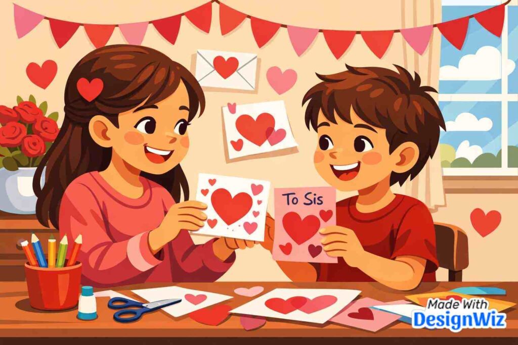 Siblings exchanging homemade cards valentines day image
