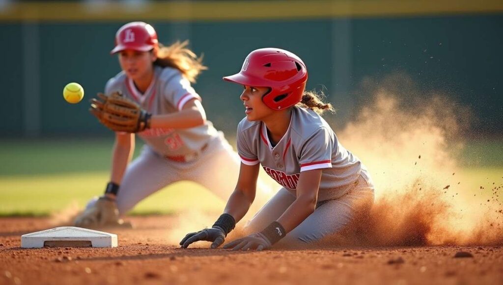 Two softball players slide into bases, one reaching home plate in a close play.
