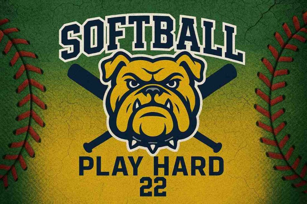 Bulldog softball logo with bats, and red stitching on a green-yellow background.
