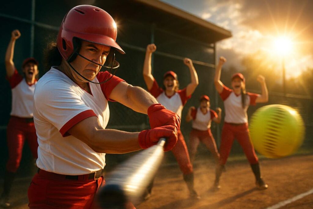 A softball team in action during a sunset, silhouetted against a colorful sky.