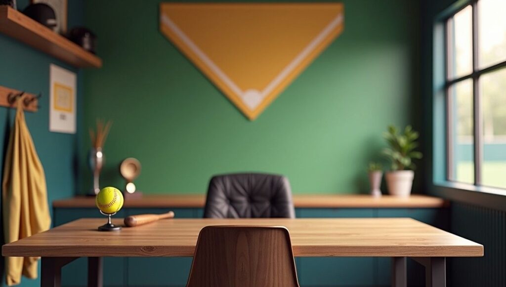 A baseball bat lies on a desk amid office supplies in a well-lit room.
