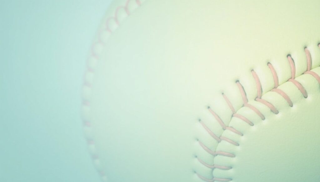Close-up of a baseball against a blue backdrop, highlighting its stitching and design.
