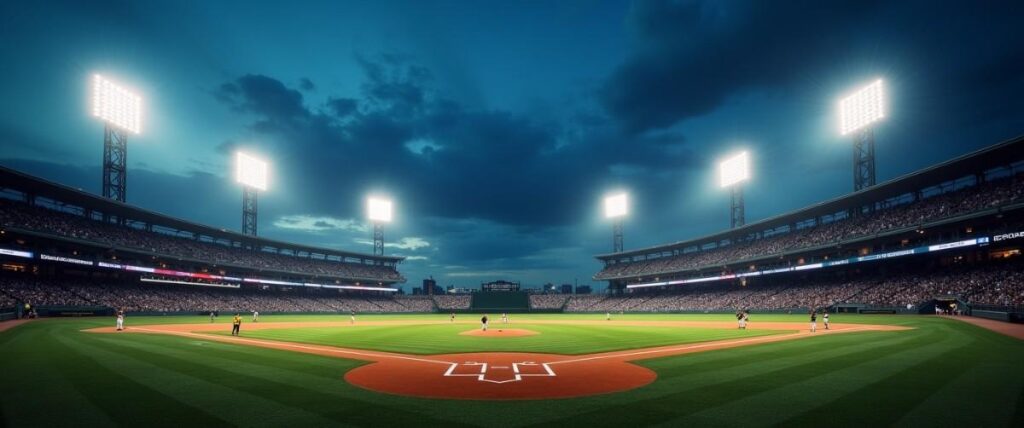 A baseball stadium lit up at night, glowing with energy and bright lights.