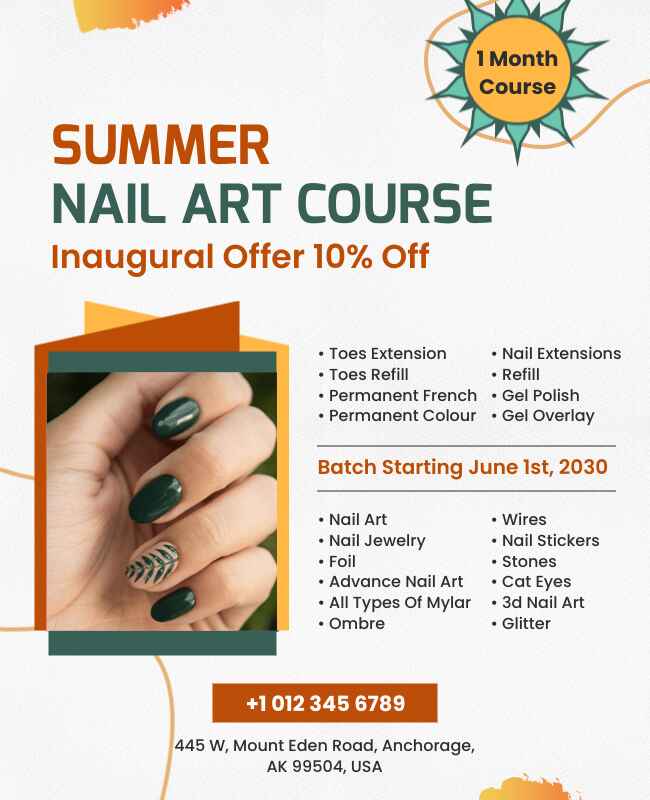 Bright and colorful flyer templates promoting summer nail art courses, featuring stylish designs and vibrant seasonal themes