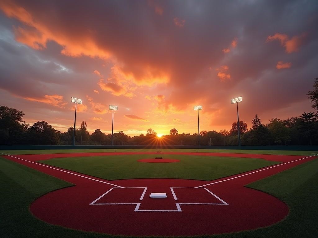 A baseball field silhouetted against a vibrant sunset, the sun sinking below the horizon.