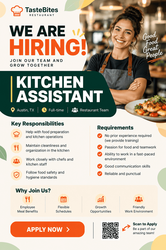 TasteBites Kitchen Assistant Hiring Flyer