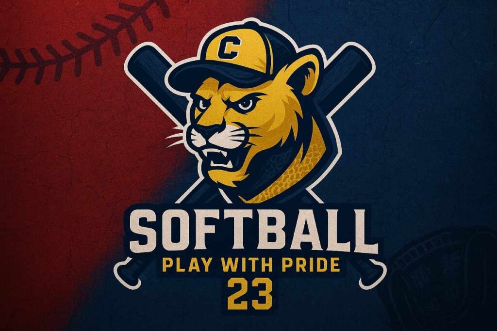 Softball logo with a lion's head and crossed bats in the background.