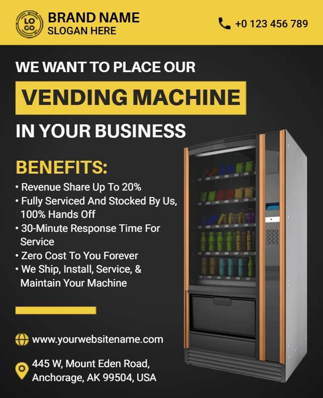 Vending machine flyer showcasing product selection, features, and special offers