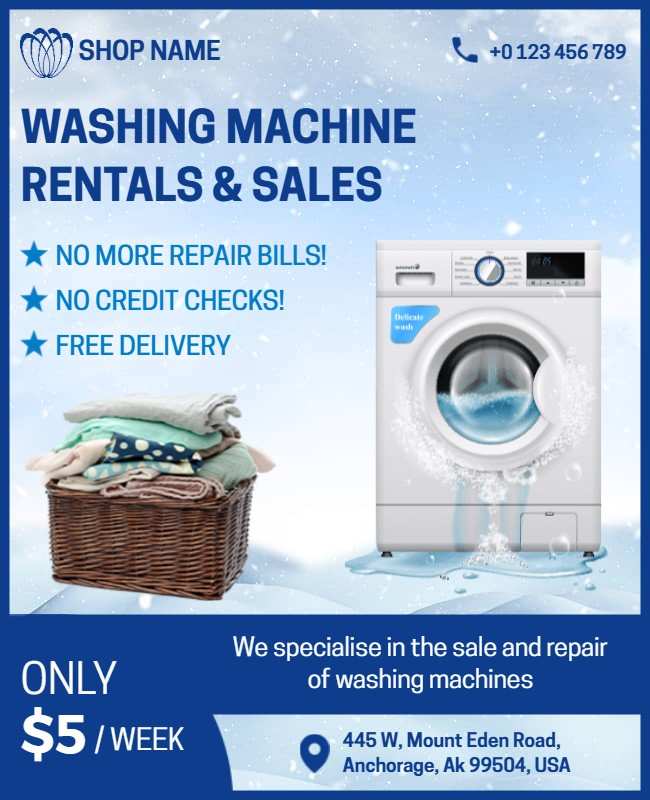 Flyer promoting a washing machine with key features, benefits, and special offers