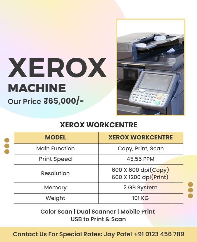 Xerox machine flyer highlighting fast printing, high-quality copies, and special discounts