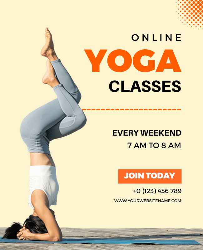 Sleek, minimalist flyer template promoting online yoga classes with yellow accents