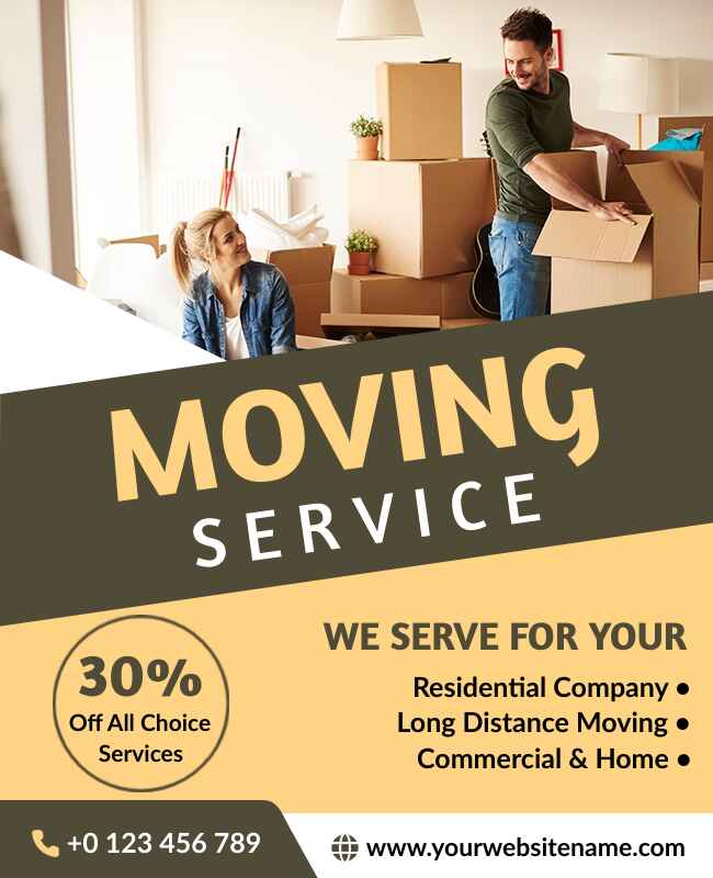 Modern yellow and brown moving flyer design, combining professional text layout with vibrant colors for relocation ads.