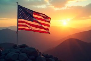 A majestic American flag waving proudly atop a mountain peak