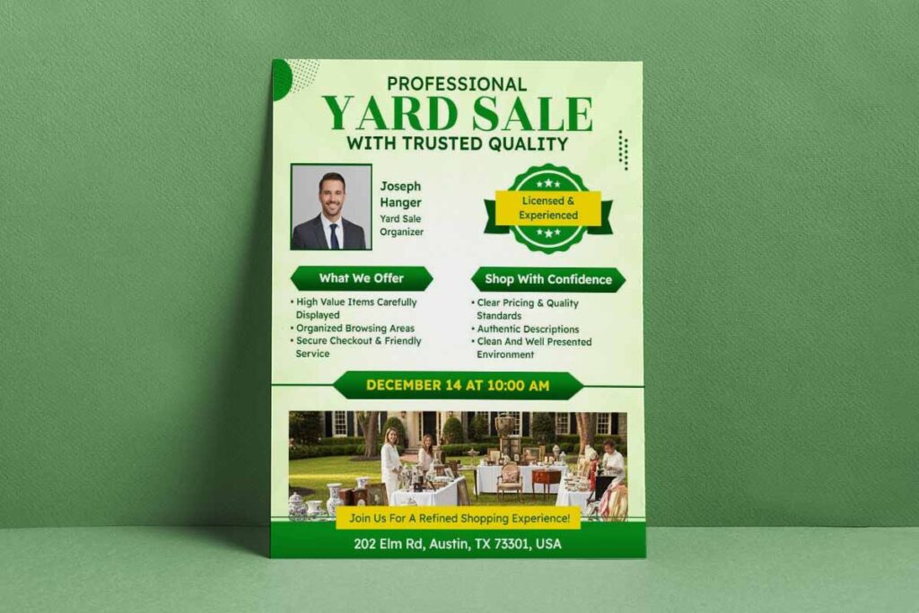 Professional Green Trusted Quality Yard Sale Event Flyer Template