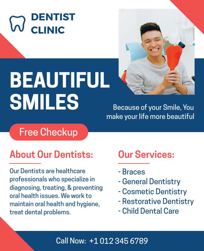 Bright Smile Checkup flyer promoting dental health with a smiling face