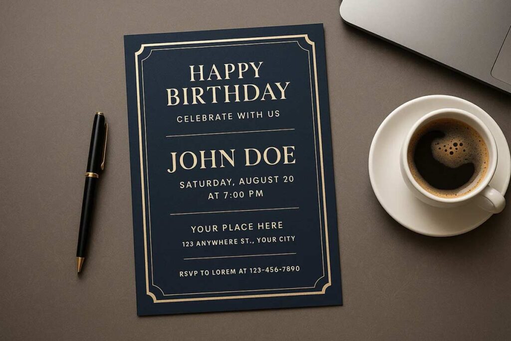 A Sophisticated Dark Blue And Gold Adult Birthday Flyer Is Displayed On A Dark Surface