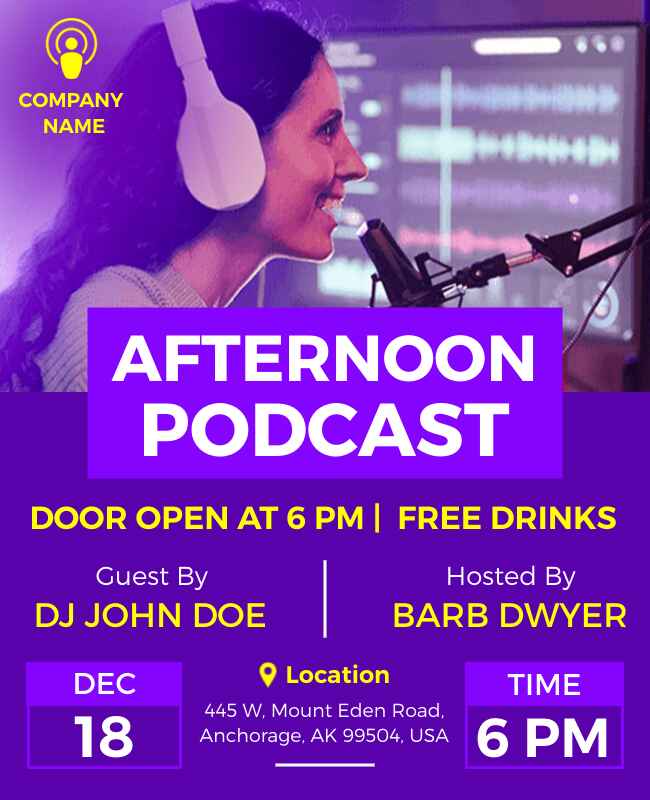 Warm afternoon podcast flyer with gradient purple effect and casual fonts.