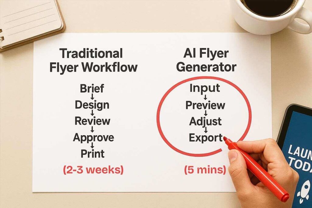 Visual comparison of traditional vs. AI flyer generator, highlighting their different features and layout styles.
