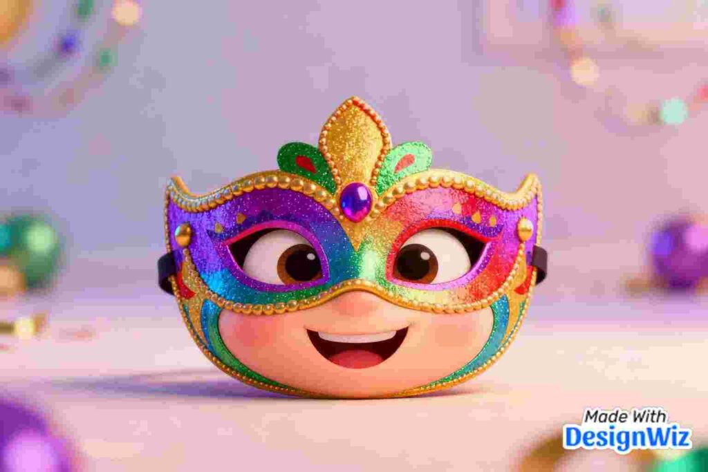 animated mardi gras mask image with friendly smiling expression