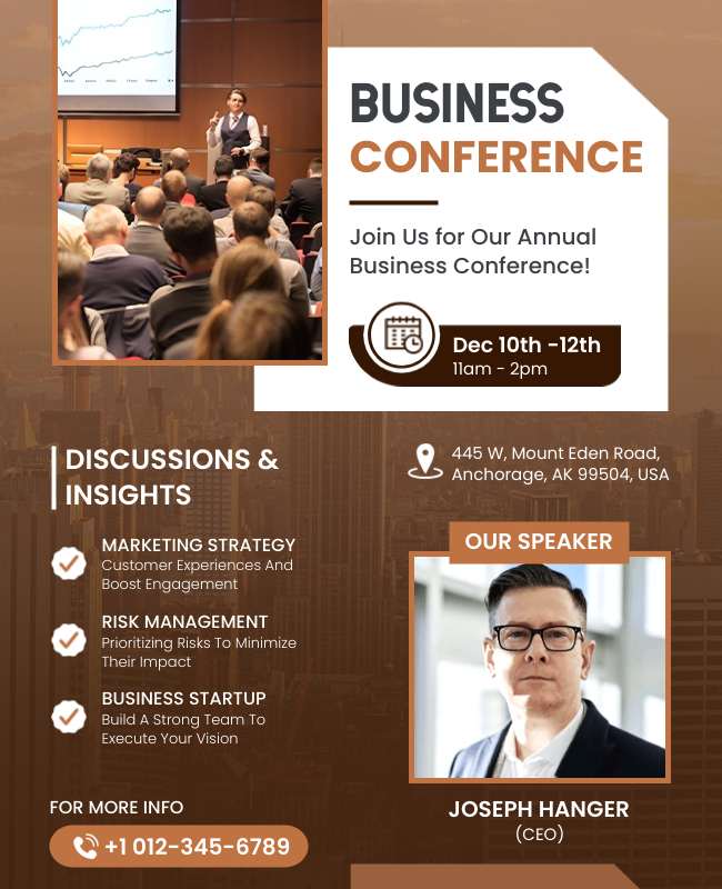 Modern flyer for an annual business conference with a sleek layout and professional fonts.