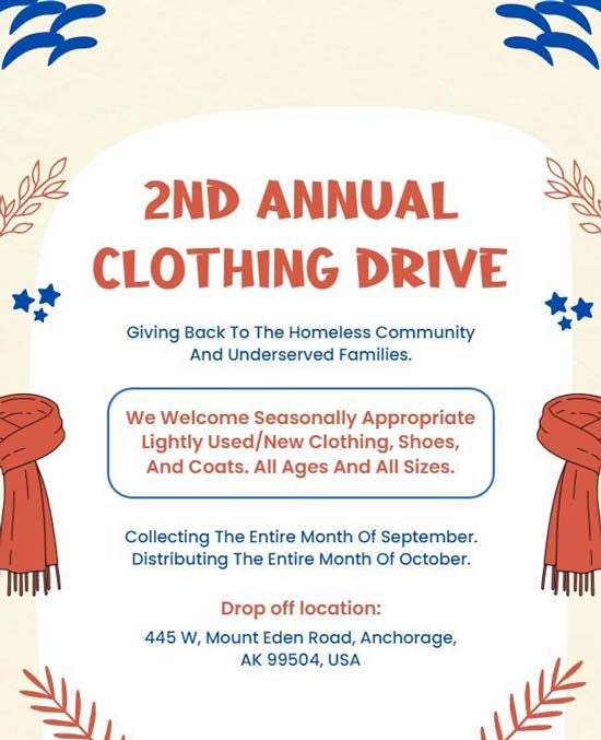 Annual Clothing Drive Charity Event Flyer Featuring Donation Guidelines and Event Highlights