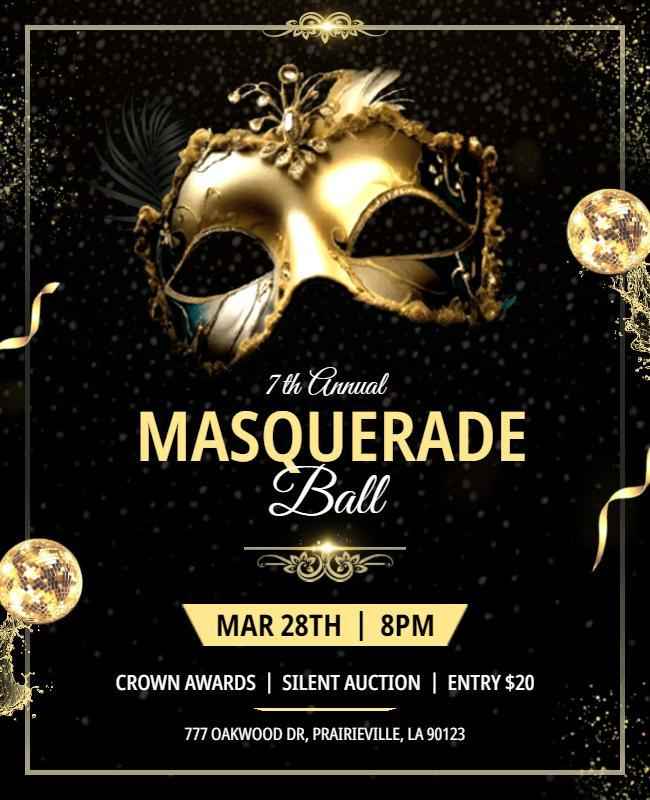 Elegant masquerade ball flyer with a mysterious mask design, gold accents, and event details