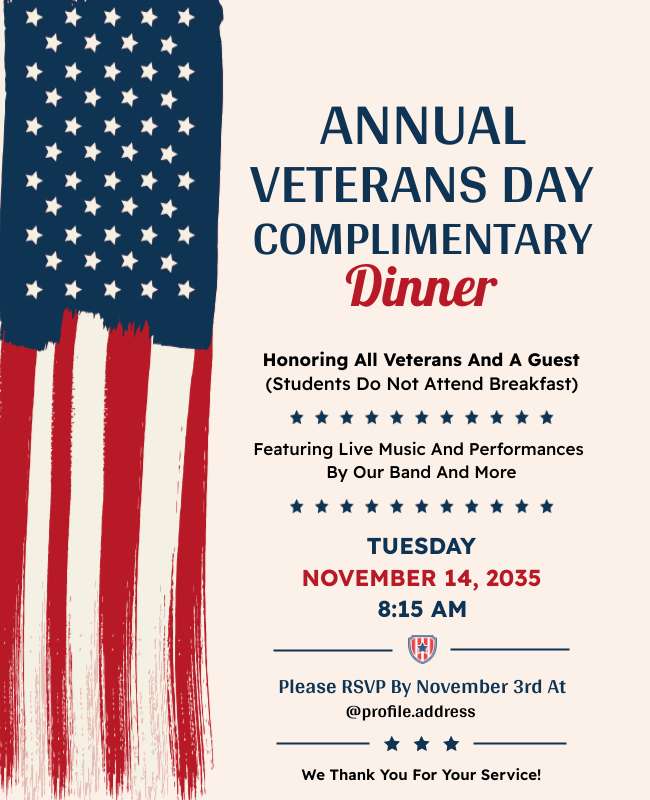 Elegant flyer for Appreciation Dinner, honoring service and sacrifice